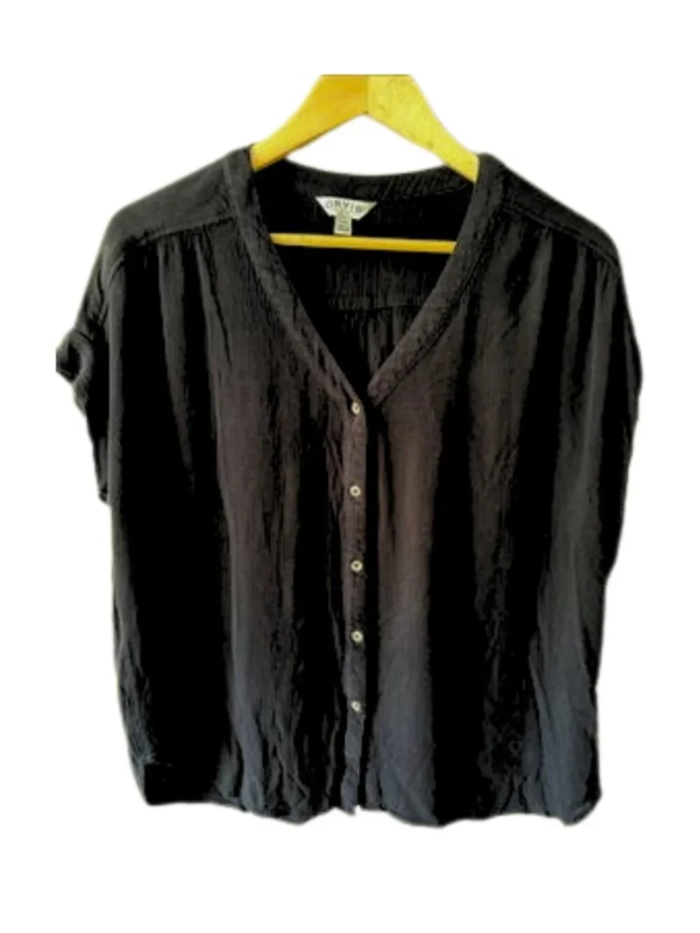Orvis Black Button Front Blouse Women's Large V Neck Short Sleeve Relaxed Fit